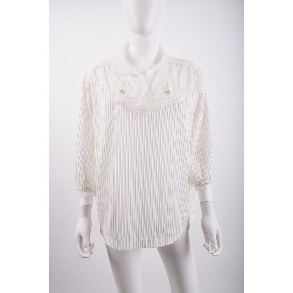 Vintage Kalico Queen Womans Blouse Shirt Top Size 42 White Ribbed Lace Trim